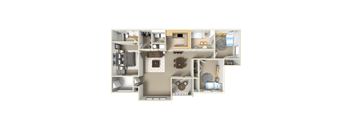 A 3D floor plan of a 3 bedroom, 2 bathroom apartment at Pinnacle Pointe