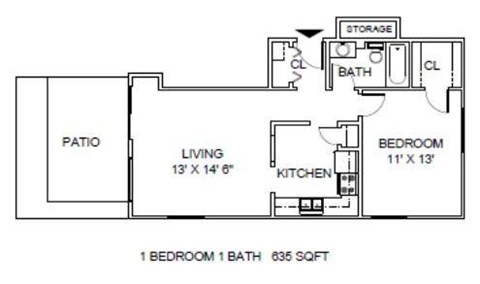 A floor plan of a one bedroom apartment with a living area, kitchen, bathroom and bedroom.