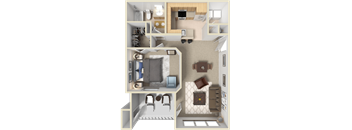 A 3D floor plan of a of one bedroom, one bathroom apartment at Pinnacle Pointe