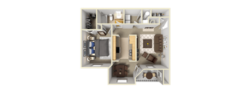 A 3D floor plan of a of one bedroom, one bathroom apartment at Pinnacle Pointe