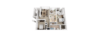 A 3D floor plan of a 2 bedroom, 1 bathroom apartment at Pinnacle Pointe