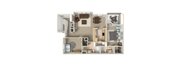 A 3D floor plan of a 2 bedroom, 2 bathroom apartment at Pinnacle Pointe
