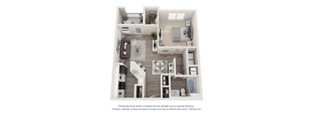 A 3D floor plan of a house with a kitchen, living room, and bathroom.