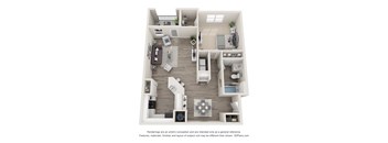 A 3D floor plan of a house with a kitchen, living room, and two bedrooms.