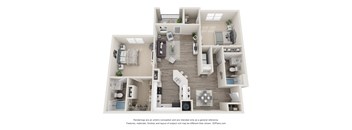 A 3D floor plan of a house with a kitchen, living room, and two bedrooms.