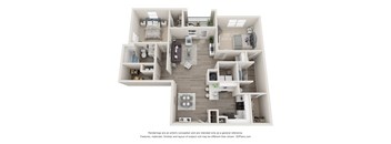 A 3D floor plan of a house with a kitchen, living room, and bedrooms.