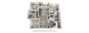 A 3D floor plan of a house with multiple rooms and furniture.