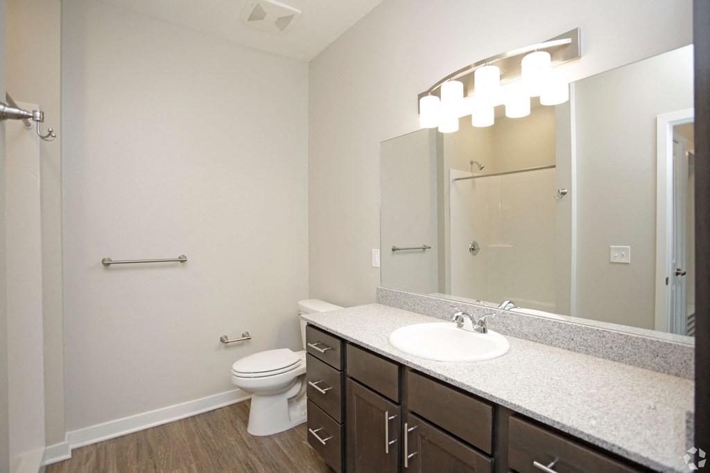 A bathroom with a large mirror and a sink and a toilet at Aspen Ridge 55+ Active Adult Community