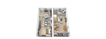 A top-down view of a two-bedroom apartment with a living room, kitchen, and dining area.