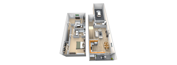 A 3D floor plan of a two-story apartment with a living room, kitchen, and bedrooms.