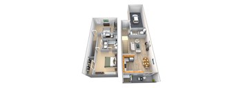 A 3D floor plan of a two-story apartment with a living room, kitchen, and bedrooms.
