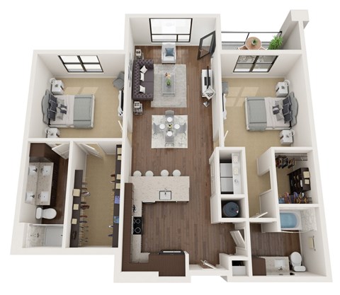 2 bedroom 2 bathroom Floor plan E at The Residences at Galleria, Overland Park, KS, 66211