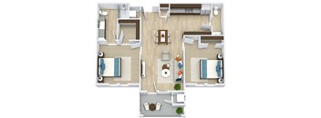 3D floor plan for 2 Bedroom, 1 Bathroom Apartment as Aspen Ridge