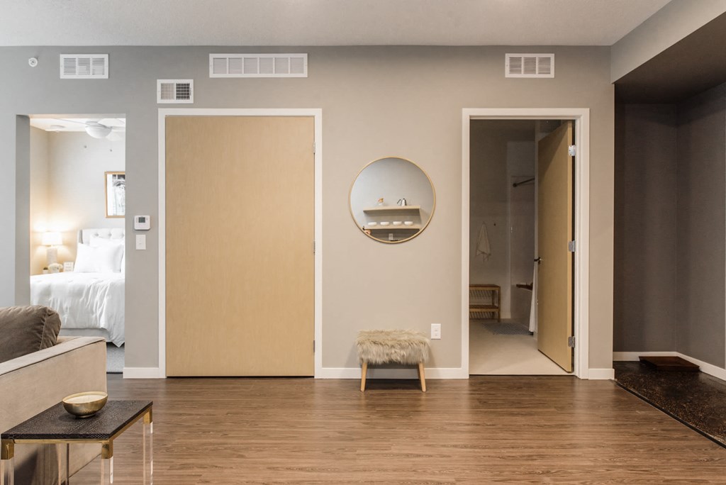 Des Moines Apartments Natural Light bedroom and bathroom entry