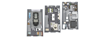 Three different floor plans of a house with a car parked in the garage.
