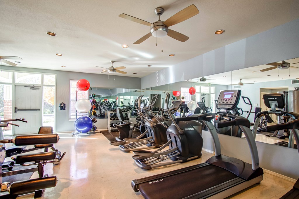 A gym with treadmills, elliptical machines, and other exercise equipment.