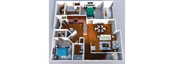 A 3D floor plan of a house showing a kitchen, living room, dining area, and bedrooms.