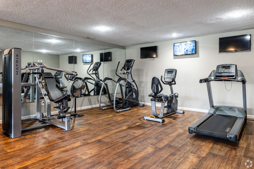 A gym with a variety of equipment including treadmills, stationary bikes, and weight machines.