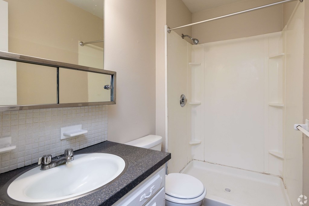 A bathroom with a sink, toilet, and shower.