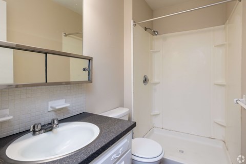 A bathroom with a sink, toilet, and shower.