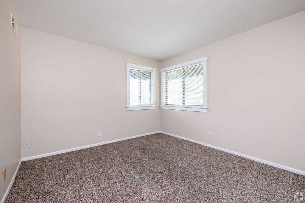 A room with carpeted floor and two windows.