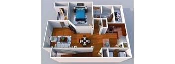 A 3D floor plan of a house with a bedroom, living room, kitchen, and bathroom.