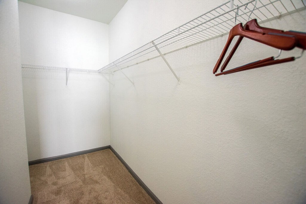 A white wall with a brown carpet and a clothes hanger.