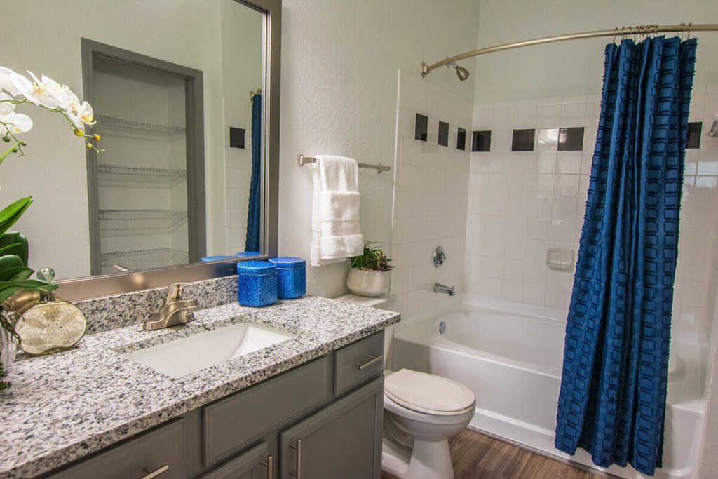 A bathroom with a sink, toilet, and shower.