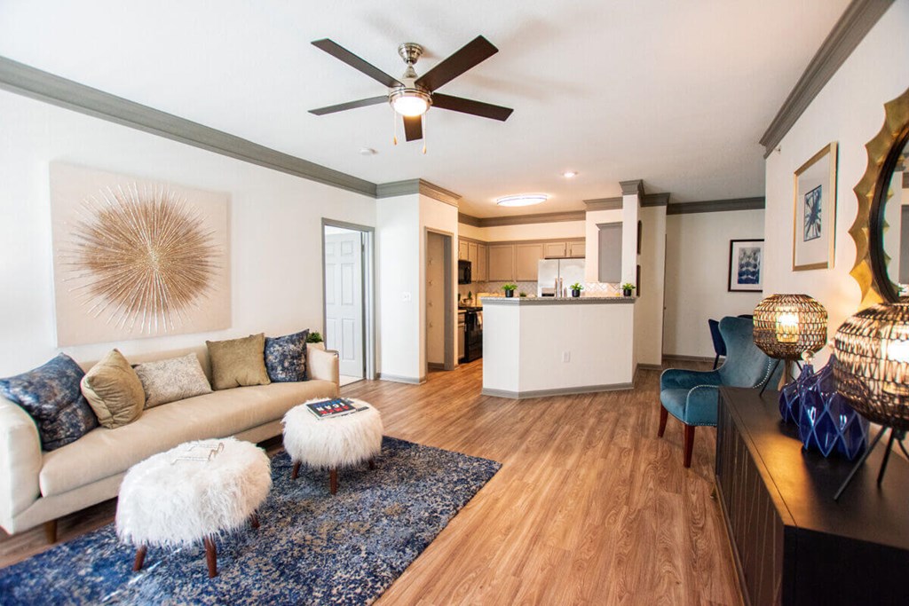 A living room with a white couch and a blue rug.