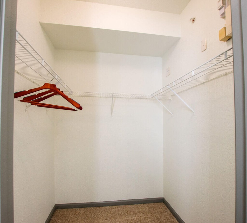 A white closet with a red hanger and a brown carpet.
