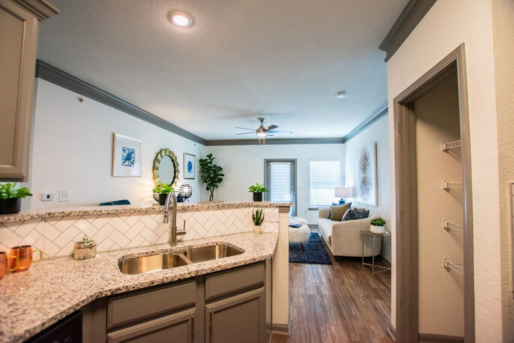 A kitchen with a sink and a counter.