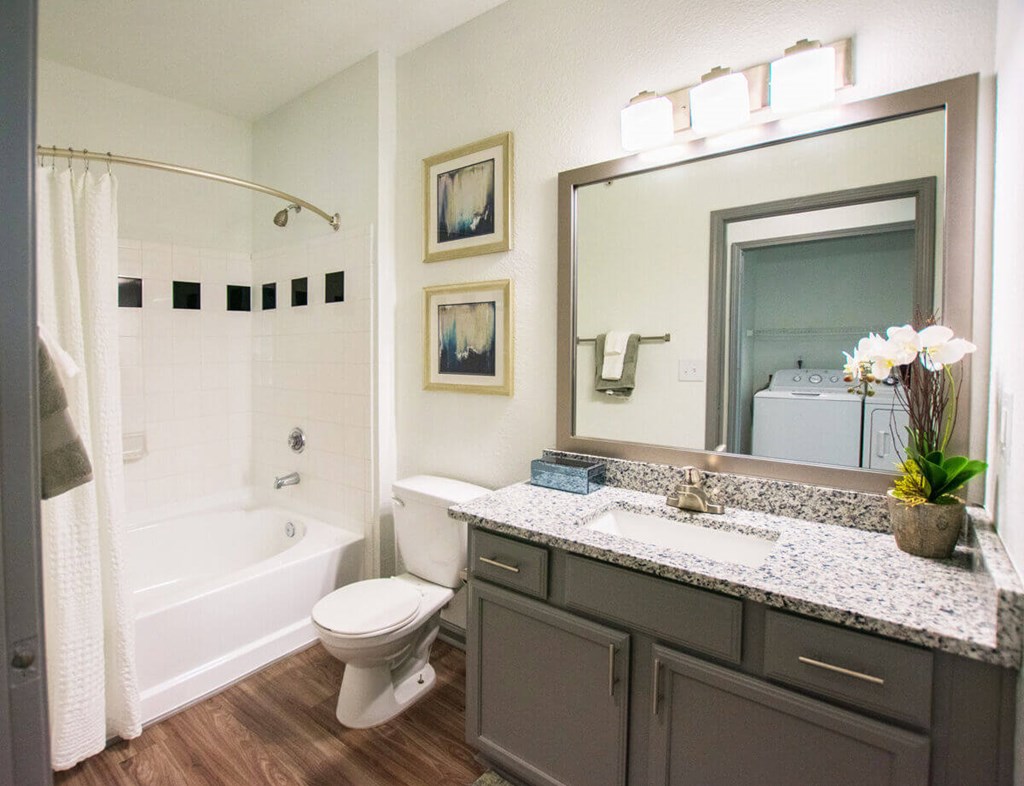 A bathroom with a white toilet, a bathtub with a shower curtain, a sink with a mirror, and a potted plant.