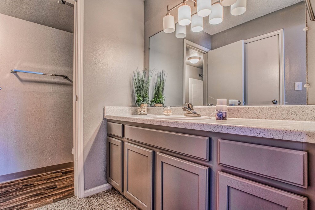 A bathroom with a vanity and a mirror.