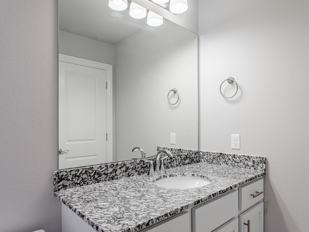 a bathroom with a sink and a mirror