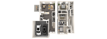 a floor plan of a two story apartment with a car in the garage