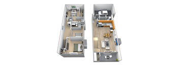 A 3D floor plan of a two-bedroom apartment with a living room, kitchen, and bathroom.