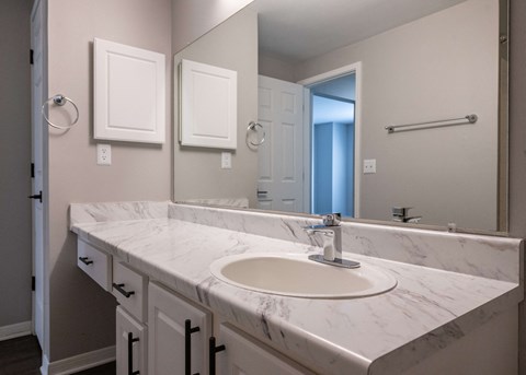 a bathroom with a sink and a large mirror at Centennial Park Apartments, Overland Park, Kansas