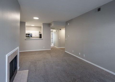 a living room with a fireplace and a carpeted floor at Centennial Park Apartments, Overland Park, 66213