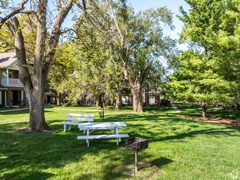 A park with benches and trees.