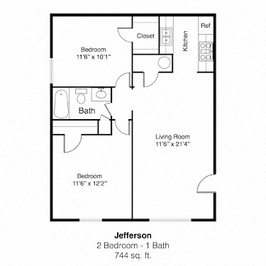 2D Floor Plan Image for 2 bed, 1 bath apartment at Jefferson Park in Liberty