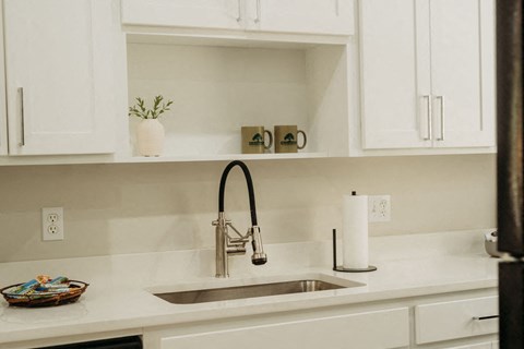 a kitchen sink with a chrome faucet