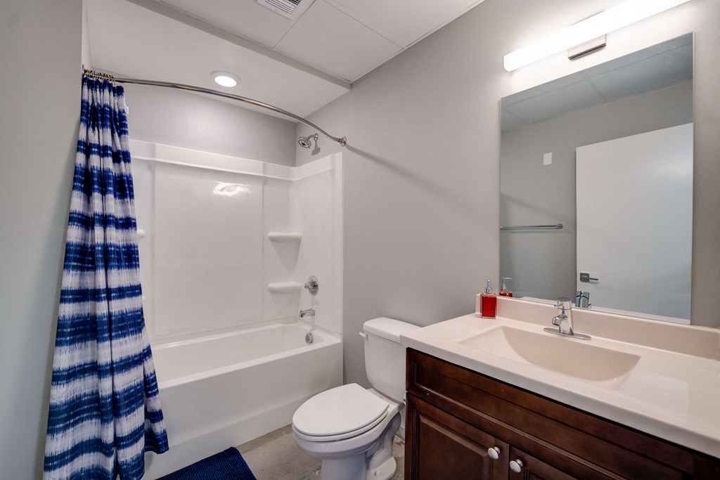 a bathroom with a shower toilet and sink and a mirror