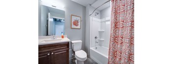 a bathroom with a shower curtain and a toilet and a sink