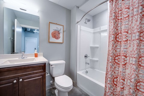 a bathroom with a shower curtain and a toilet and a sink