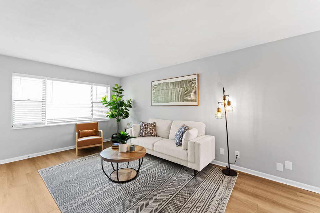 A living room with a white couch, a coffee table, and a potted plant.