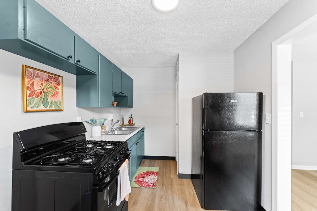 A black stove in a kitchen with a white wall and a framed picture hanging above it.