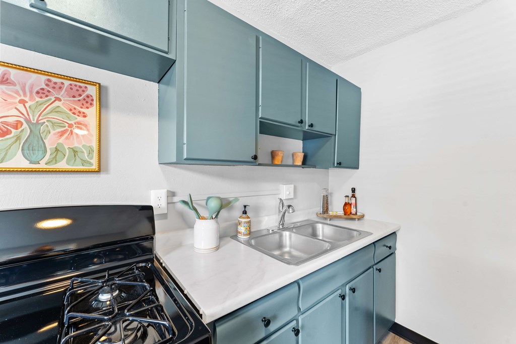 A kitchen with a black stove top oven and a white counter top.
