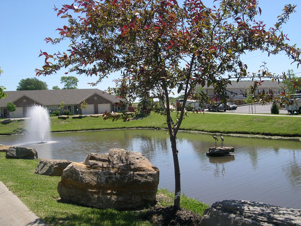 a pond with a fountain in front of a house