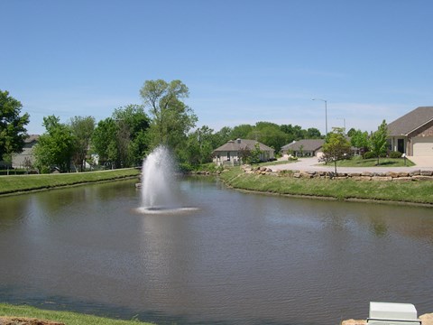 a fountain in the middle of a pond with houses in the background