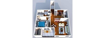 A 3D floor plan of a small apartment with a kitchen, living room, and bedroom.
